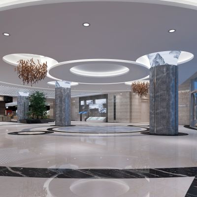 现代商场大厅  走廊  吊灯 电梯  墙饰  商铺 