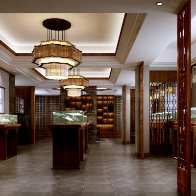 中式复古风珠宝店   展柜  吊灯  珠宝 挂画 屏风