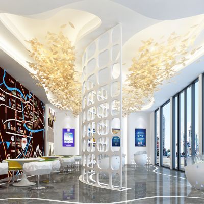 现代展厅大厅 桌椅  吊灯  顶  隔断 
