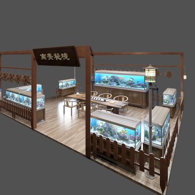 新中式鱼缸水族馆   鱼缸  桌椅  落地灯 