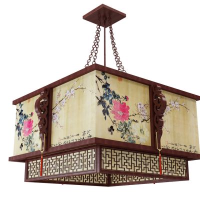 中式仿古实木雕花羊皮吊灯