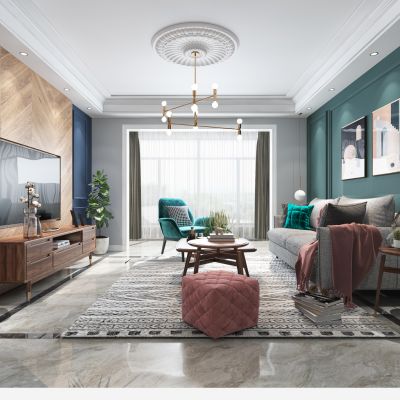 北欧客厅，沙发，电视柜，吊灯，装饰画，2014版