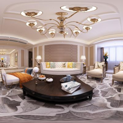 简欧客餐厅 沙发茶几  单人沙发 电视背景  餐桌椅  挂画  玄关柜 