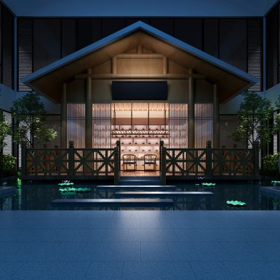 新中式庭院  院子   荷花 水 桌椅  亭子 