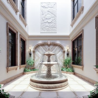 欧式露天景观  天井  绿植  喷泉 雕花 拱门 