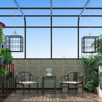 现代二楼阳光房  阳台  洗衣机  桌椅  绿植  