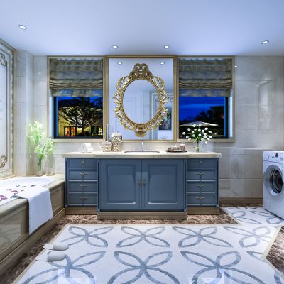 简欧卫生间 摆件 洗手台  镜子 洗衣机 浴缸 玻璃隔断 