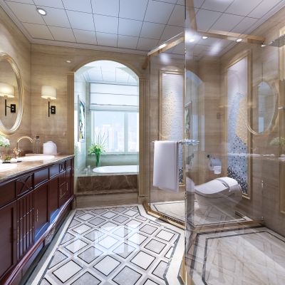 欧式卫生间   洗手台 浴缸 镜子 玻璃隔断  壁灯 摆件 马桶