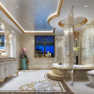 欧式卫生间   马桶  洗手台 浴缸 镜子 玻璃隔断  壁灯 摆件