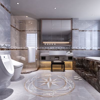 现代卫生间   马桶 洗手台  浴缸 镜子 玻璃隔断 地面拼花  