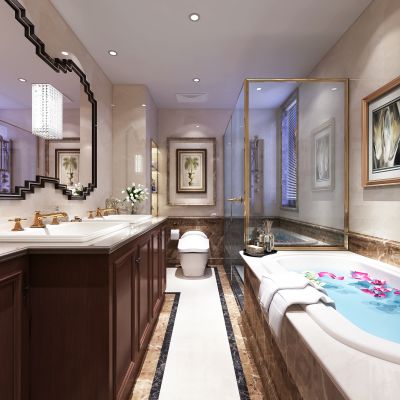 简欧卫生间   马桶  洗手台  浴缸 镜子 玻璃隔断  挂画