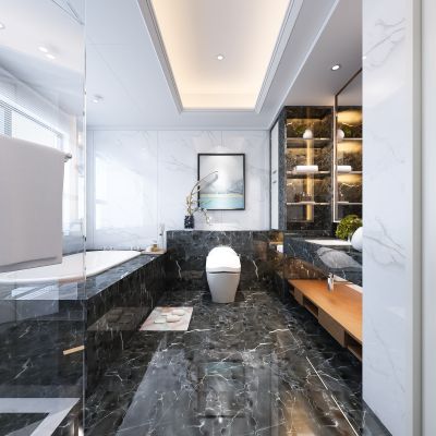 现代卫生间   马桶  洗手台 浴缸 镜子 玻璃隔断  挂画  