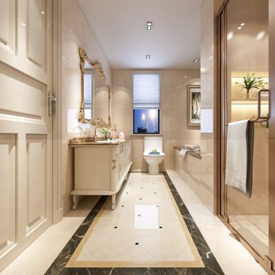 欧式卫生间   洗手台  镜子  摆件  马桶  玻璃隔断 