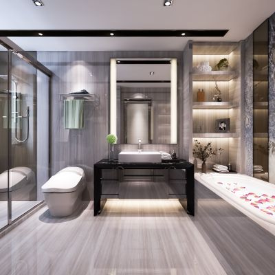 现代卫生间 摆件 洗手台  镜子 马桶 浴缸 玻璃隔断 