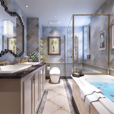 简欧卫生间   马桶  洗手台  浴缸 镜子 挂画  玻璃隔断 