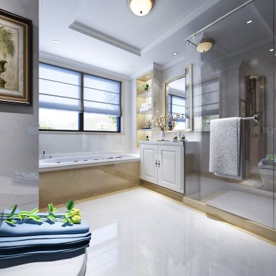 现代卫生间   洗手台  摆件 浴缸 马桶 玻璃隔断  