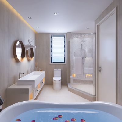 现代卫生间   马桶 洗手台  浴缸 镜子 挂画 玻璃隔断 