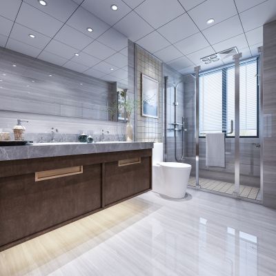 现代卫生间   洗手台  摆件  马桶  玻璃隔断  花洒  