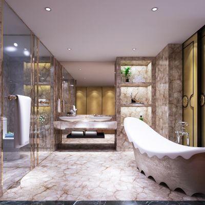 现代轻奢卫生间   马桶  洗手台  浴缸 镜子 玻璃隔断  