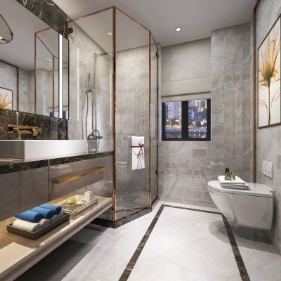 现代卫生间   洗手台  摆件  马桶  玻璃隔断  花洒 