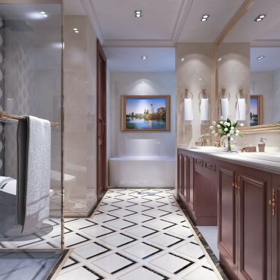 欧式简约卫生间   洗手台 浴缸 镜子 玻璃隔断  摆件 马桶  挂画 