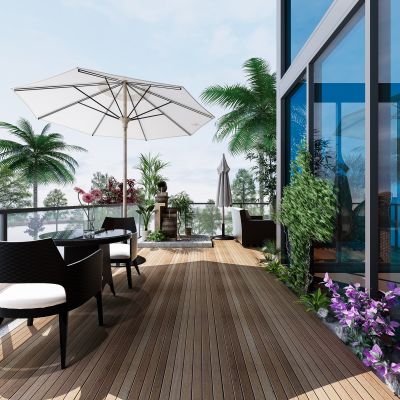 现代阳台外景  观景台   桌椅  绿植   伞