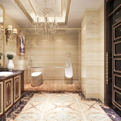 欧式卫生间   洗手台  镜子  摆件  马桶 吊灯 吊顶  门