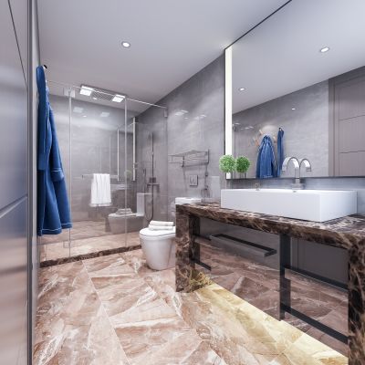 现代卫生间   洗手台  镜子 马桶  淋浴  浴袍 