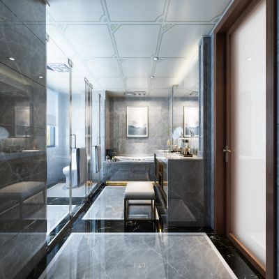 现代卫生间   马桶  化妆台 浴缸 镜子 玻璃隔断  挂画