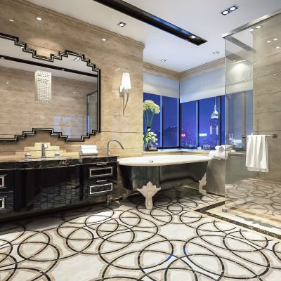 欧式卫生间  洗手台 浴缸 镜子 玻璃隔断  壁灯 摆件