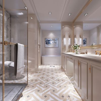 欧式简约卫生间   洗手台 浴缸 镜子 玻璃隔断  摆件 马桶  挂画 