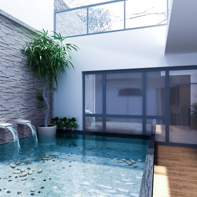 现代建筑外观   庭院景观   喷水池   石子  绿植 