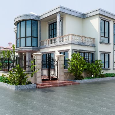 欧式别墅外观  小洋房  绿植  大门   院子  