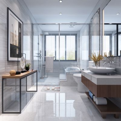 现代卫生间   洗手台  摆件  马桶  浴缸 玻璃隔断  花洒  桌子  挂画   