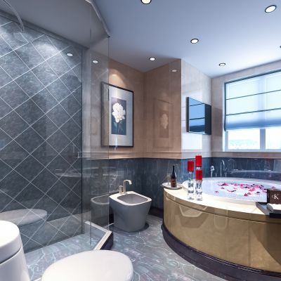 简欧卫生间 摆件 马桶 淋浴  浴缸 玻璃隔断 