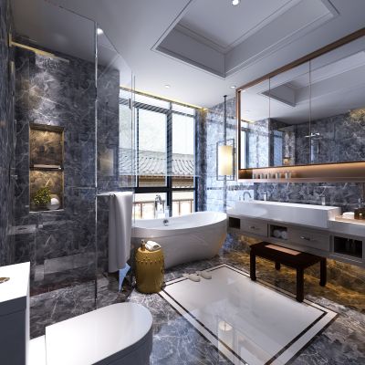 现代卫生间   马桶 洗手台  浴缸 镜子 玻璃隔断 