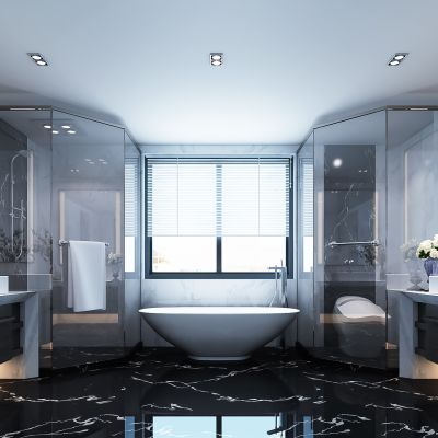 现代卫生间   洗手台  镜子  摆件  马桶  浴缸  玻璃隔断 