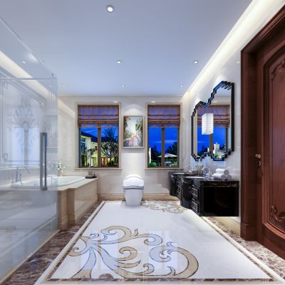 简欧卫生间 摆件 洗手台  镜子 马桶  浴缸 玻璃隔断 