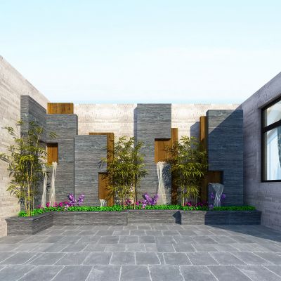 现代建筑外观  室外花园    花园  花 喷泉  