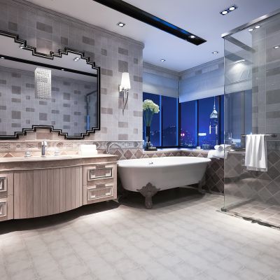 简欧卫生间 摆件 洗手台  镜子  浴缸 玻璃隔断 