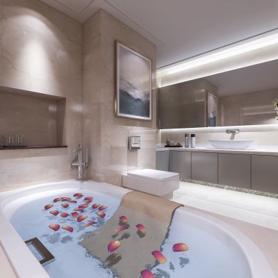 现代卫生间   马桶 洗手台  浴缸 镜子 挂画 