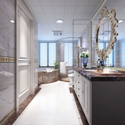 欧式卫生间   马桶 浴缸  玻璃隔断  洗手台  镜子 