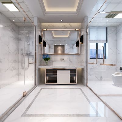 现代卫生间   马桶  洗手台 淋浴  镜子 玻璃隔断   壁灯 花洒