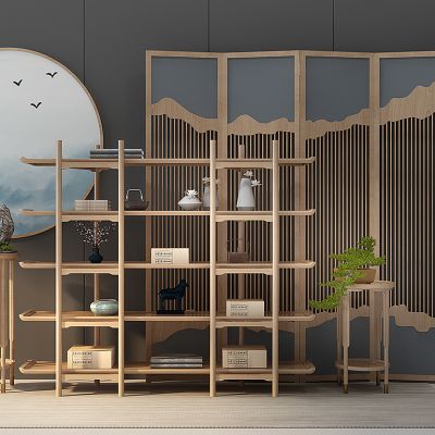 新中式书架装饰架花架盆景屏风