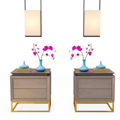 新中式实木床头柜兰花饰品组合