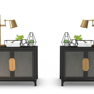 新中式实木床头柜盆栽台灯组合