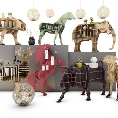 木制动物书架柜子吊灯组合