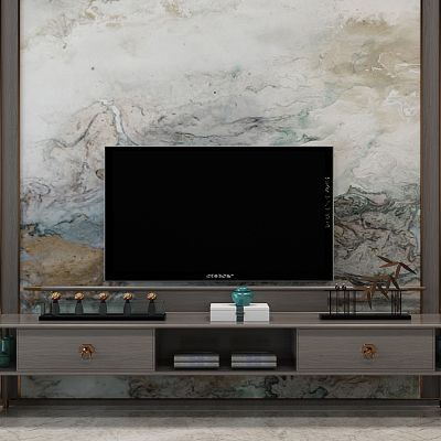 新中式电视柜背景墙花瓶陶罐植物