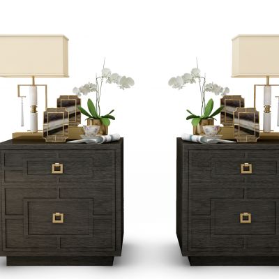 新中式实木床头柜台灯相框花饰品组合