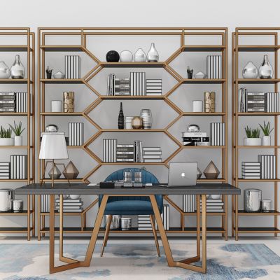 现代轻奢简欧式书房书柜书架书桌椅